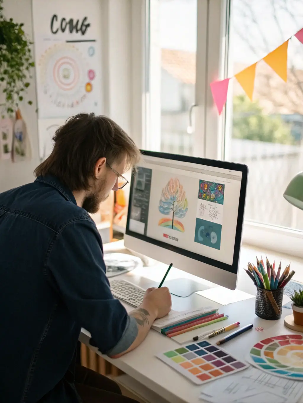 A designer working on a digital template on a computer.